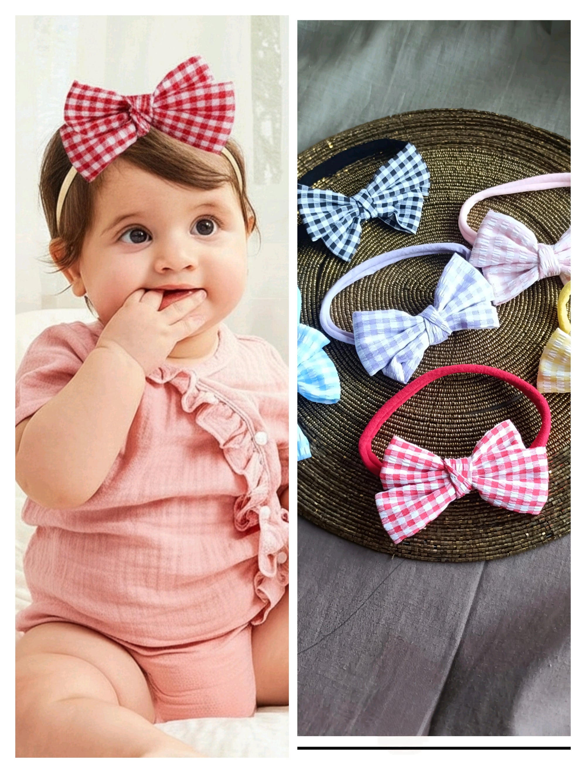 Checks Bow Baby Headbands - Soft & Stretchy