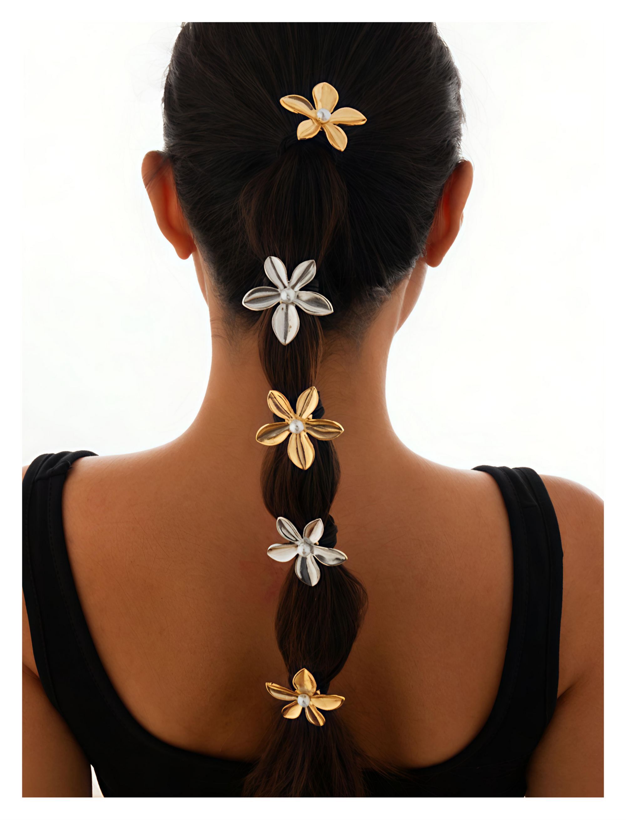 Metallic Flower Pearl Hair Tie – Gold, Silver & Black