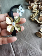 Metallic Flower Pearl Hair Tie – Gold, Silver & Black