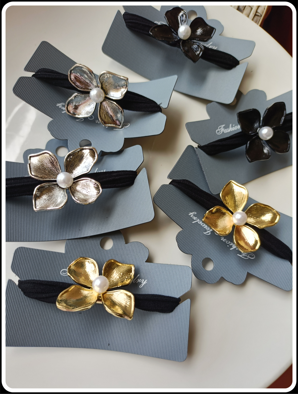 Metallic Flower Pearl Hair Tie – Gold, Silver & Black