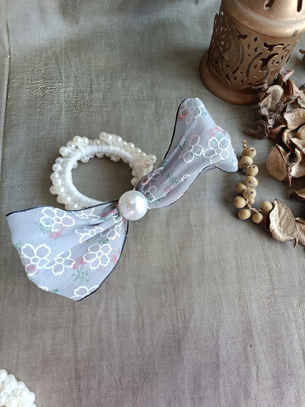 Floral Lace Bow Pearl Hair Tie Scrunchie for Women & Girls