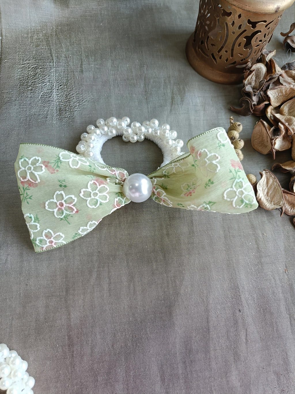 Floral Lace Bow Pearl Hair Tie Scrunchie for Women & Girls