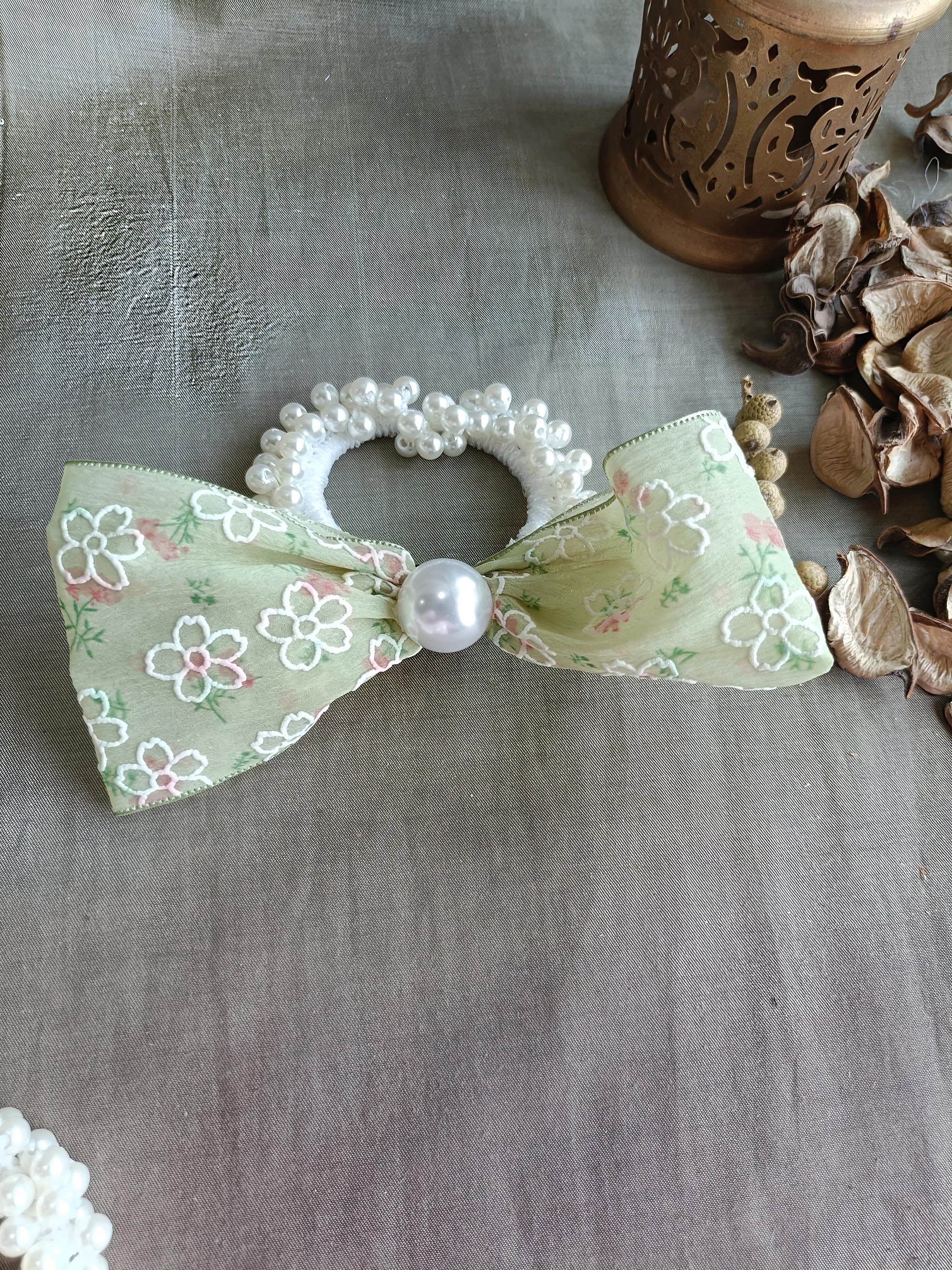 Floral Lace Bow Pearl Hair Tie Scrunchie for Women & Girls