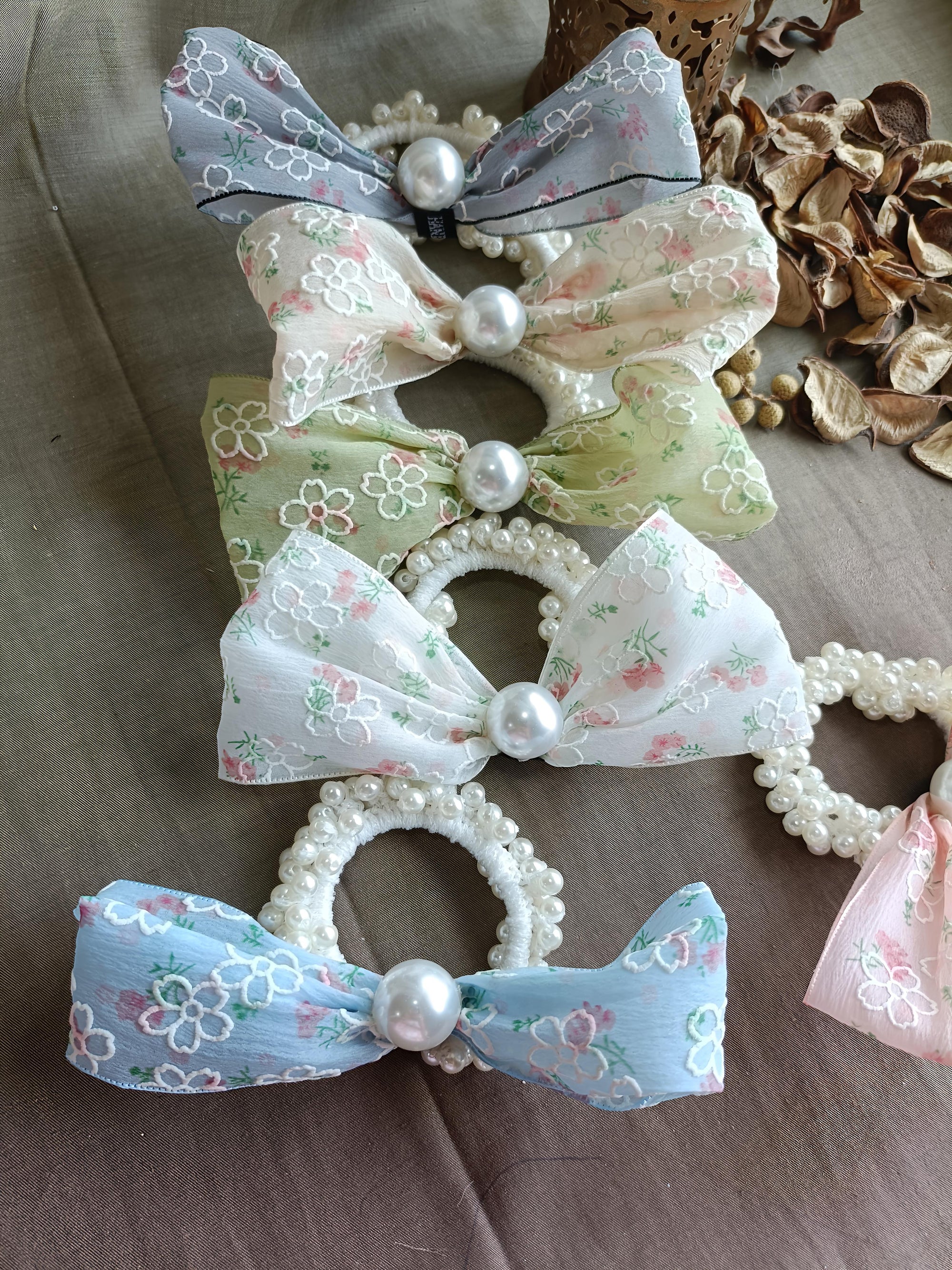 Floral Lace Bow Pearl Hair Tie Scrunchie for Women & Girls