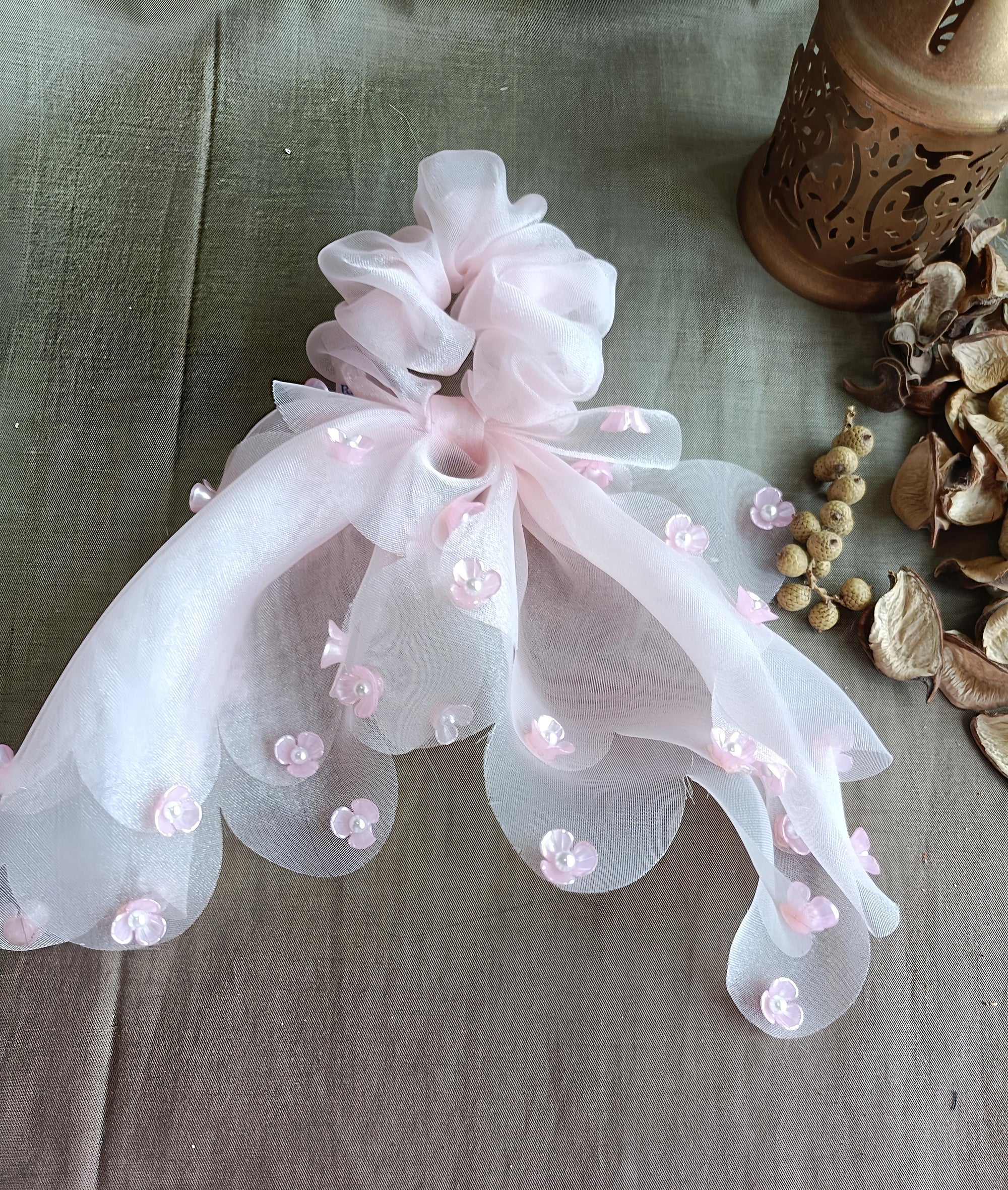 Floral Pearl Bow Hair Scrunchie for Women & Girls