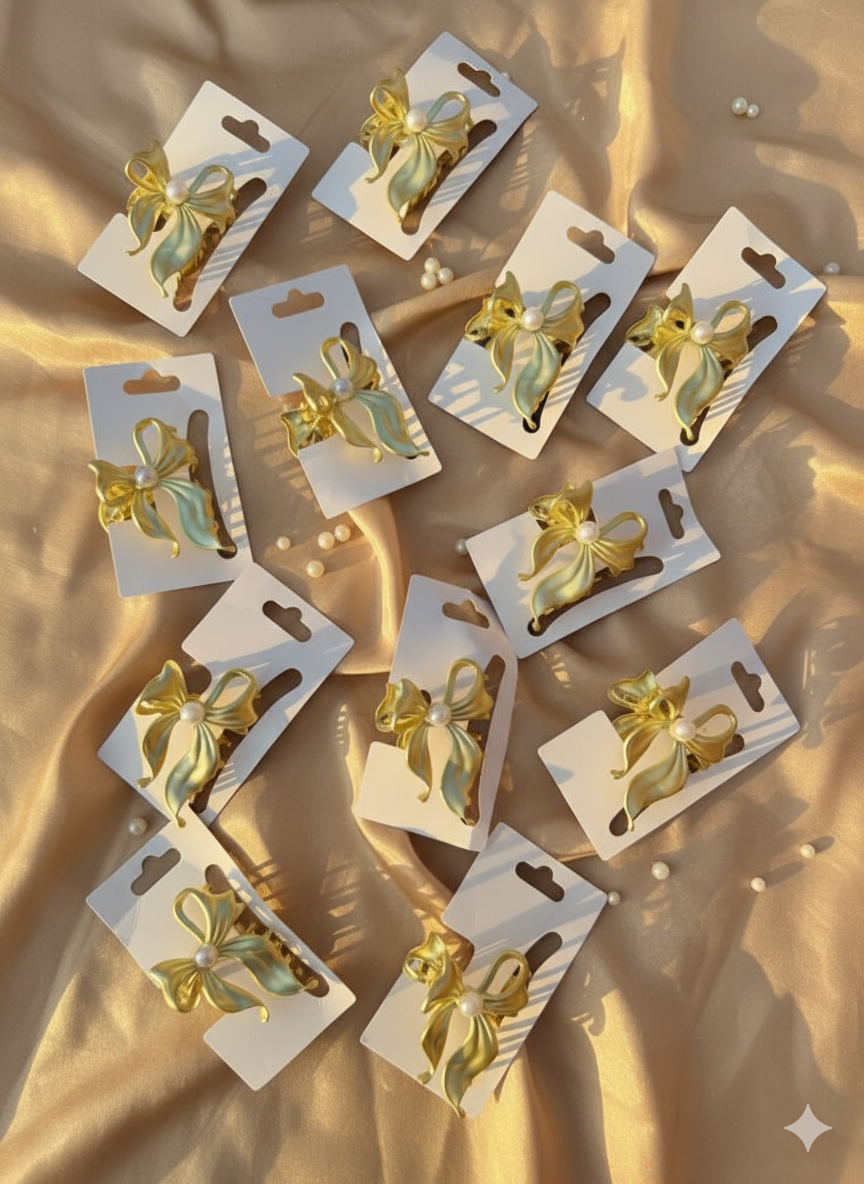 Golden Bow Hair Clip with Pearl | Elegant Hair Accessory for Women