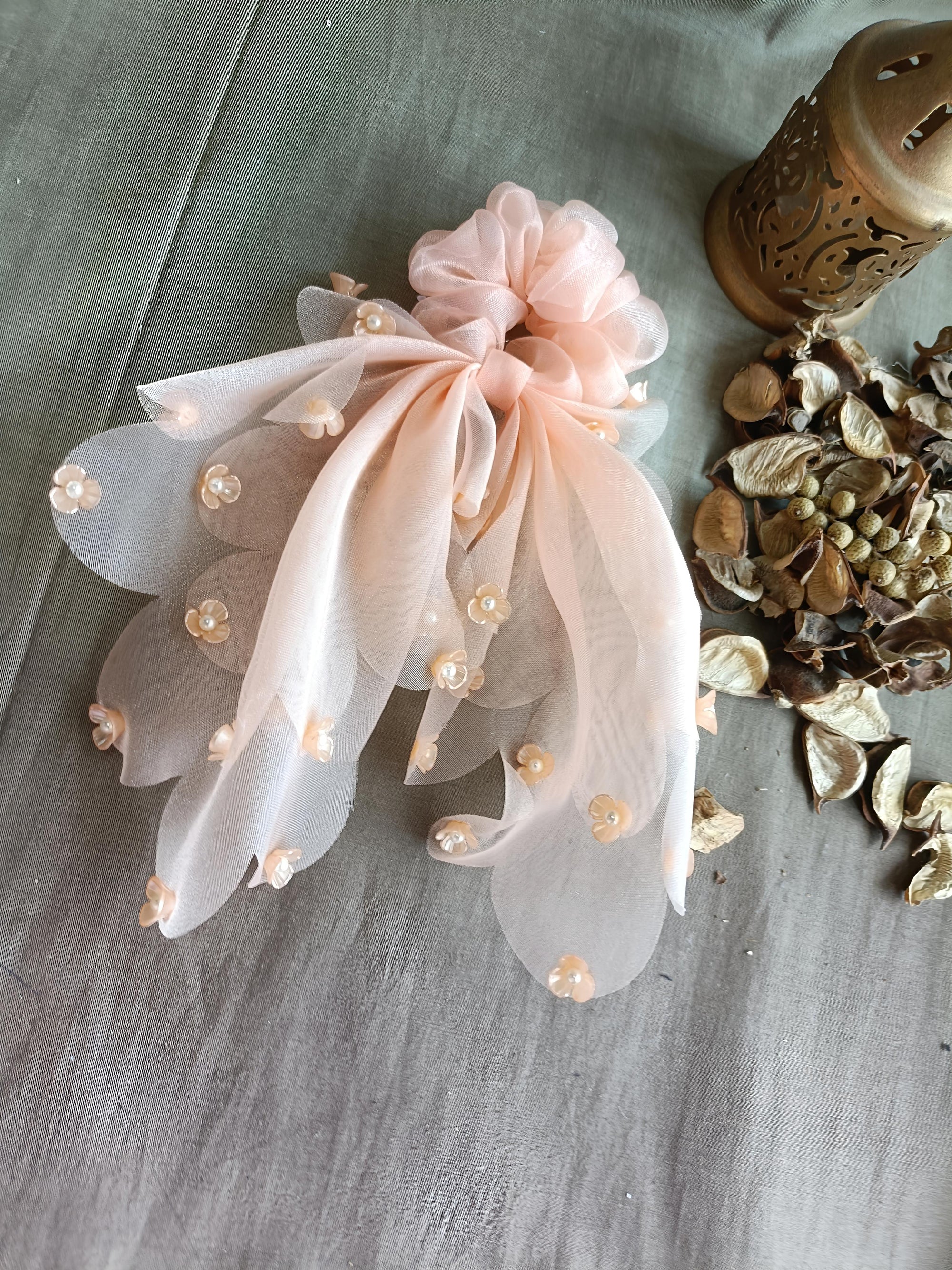 Floral Pearl Bow Hair Scrunchie for Women & Girls