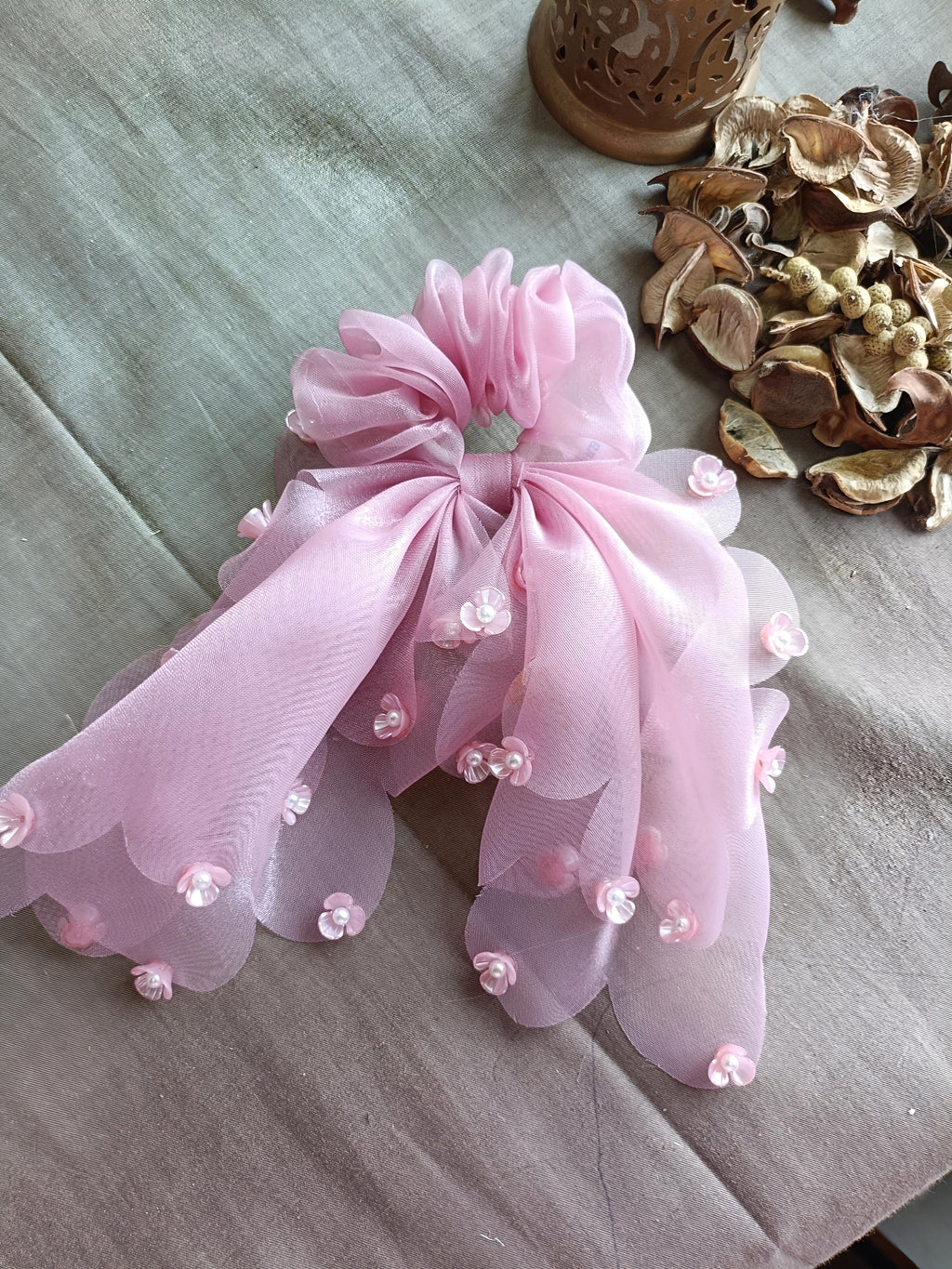 Floral Pearl Bow Hair Scrunchie for Women & Girls