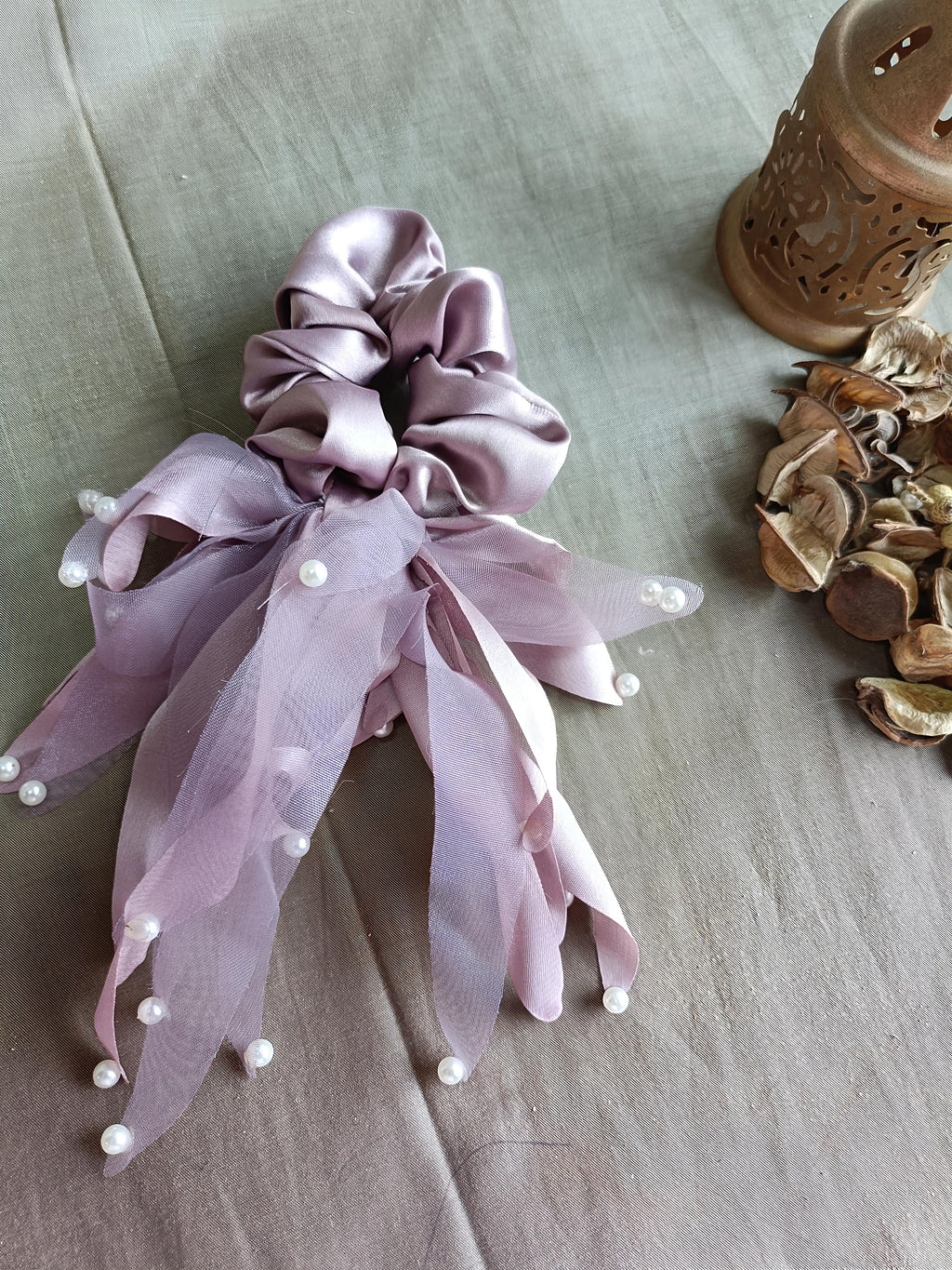 Elegant Satin Pearl Scrunchie with Flowing Tails