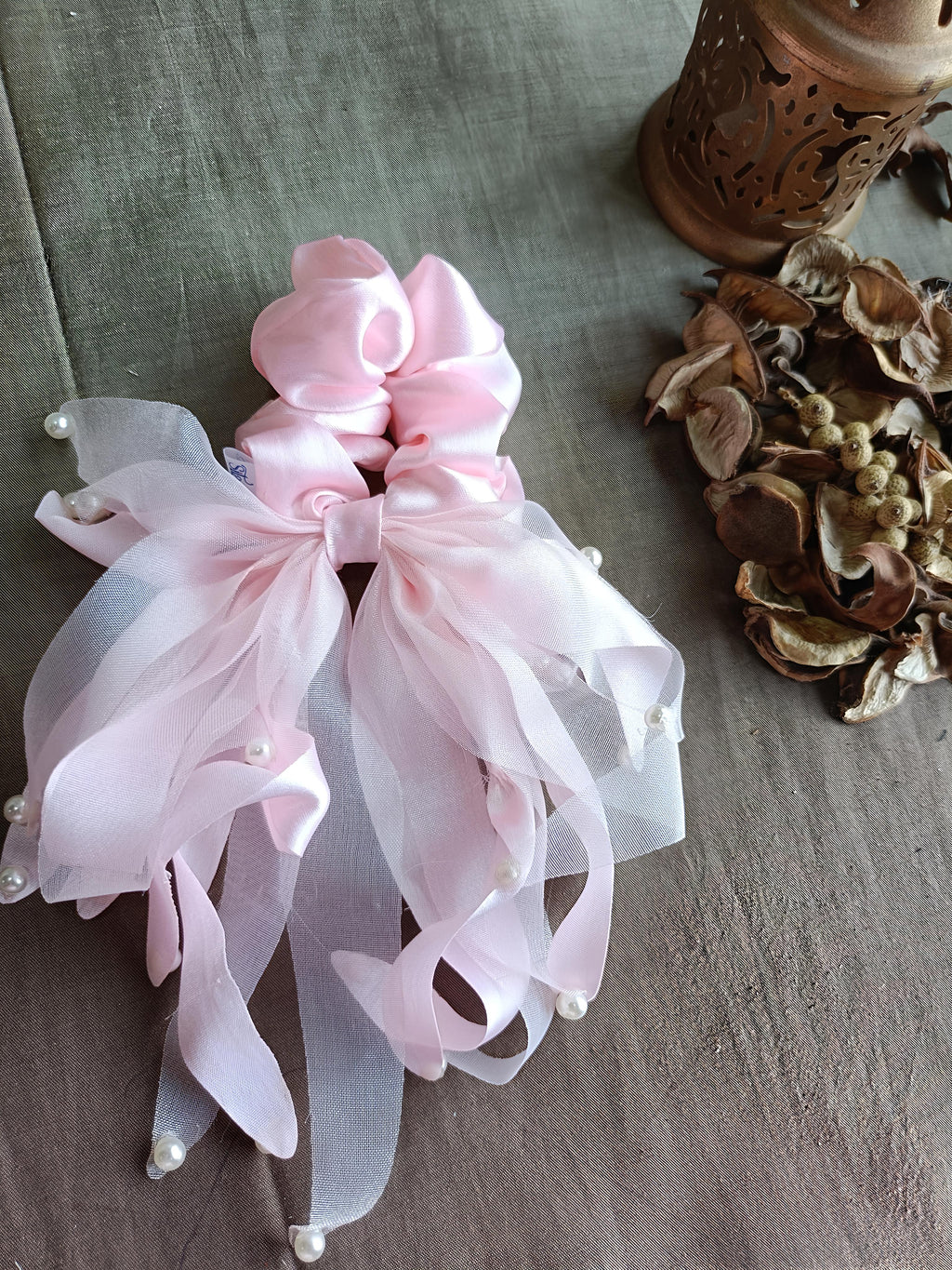 Elegant Satin Pearl Scrunchie with Flowing Tails