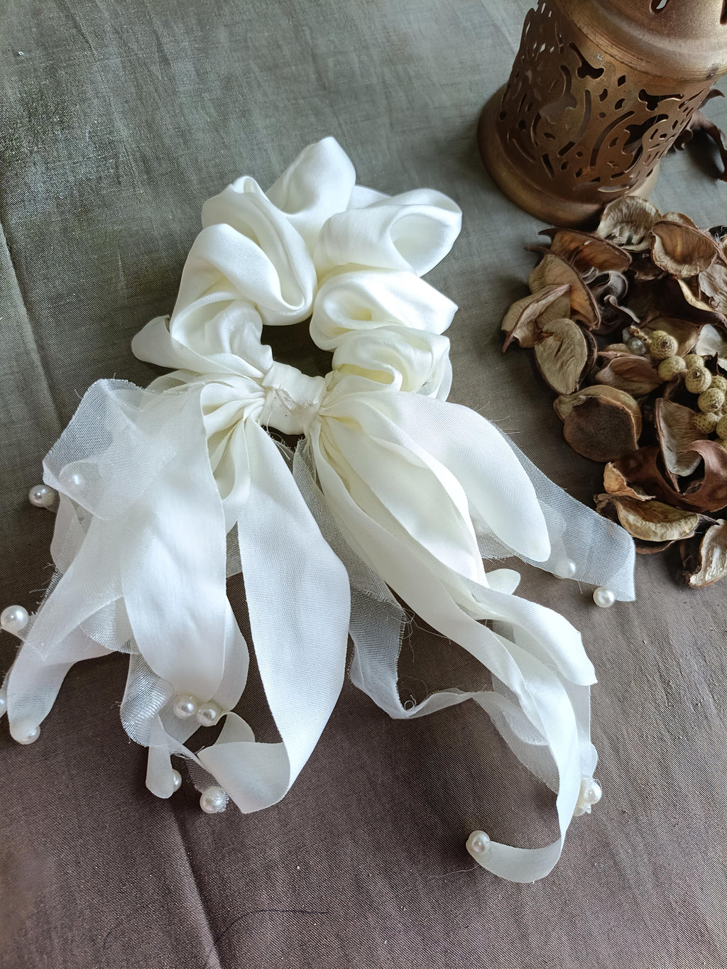 Elegant Satin Pearl Scrunchie with Flowing Tails