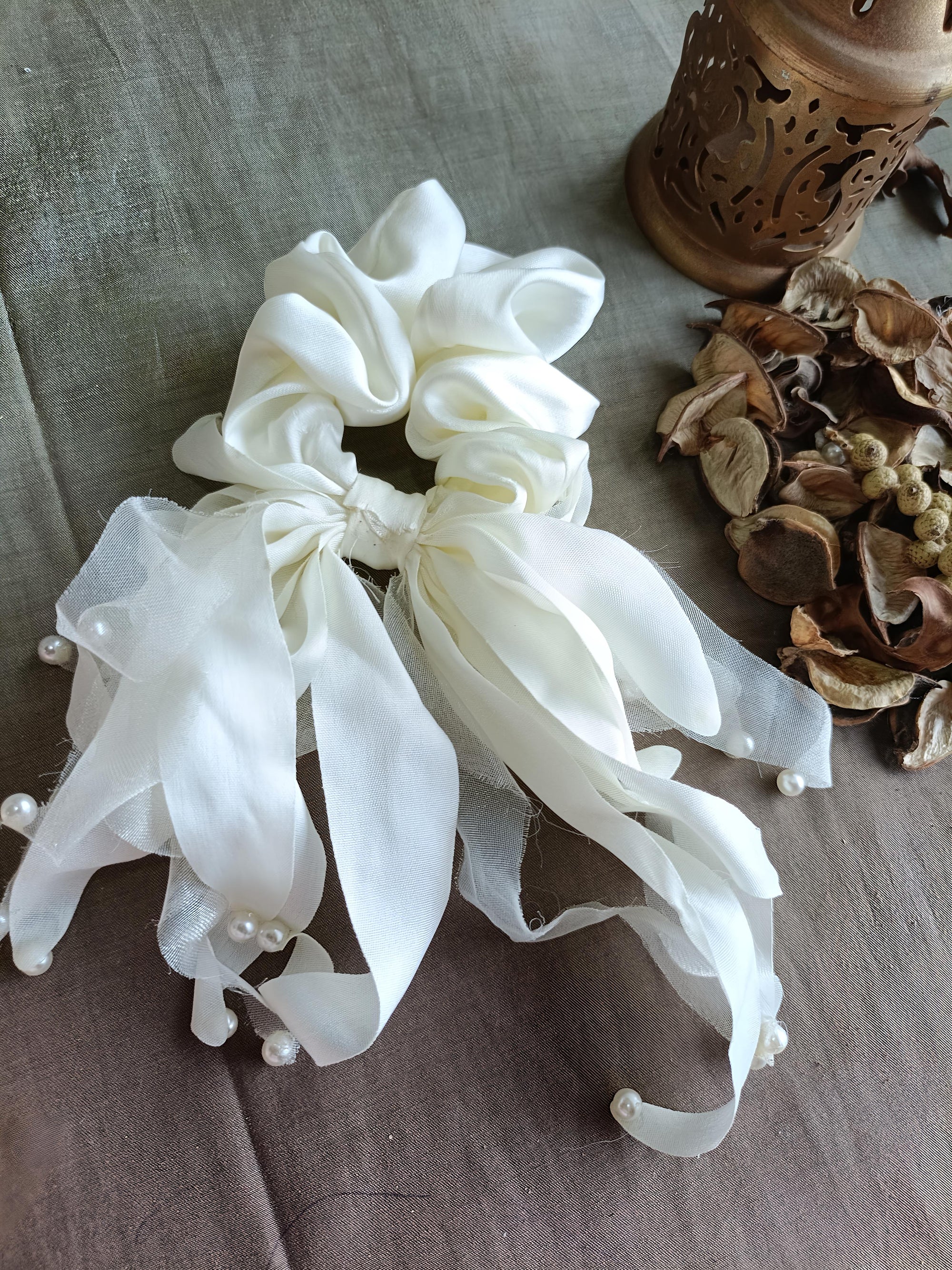 Elegant Satin Pearl Scrunchie with Flowing Tails