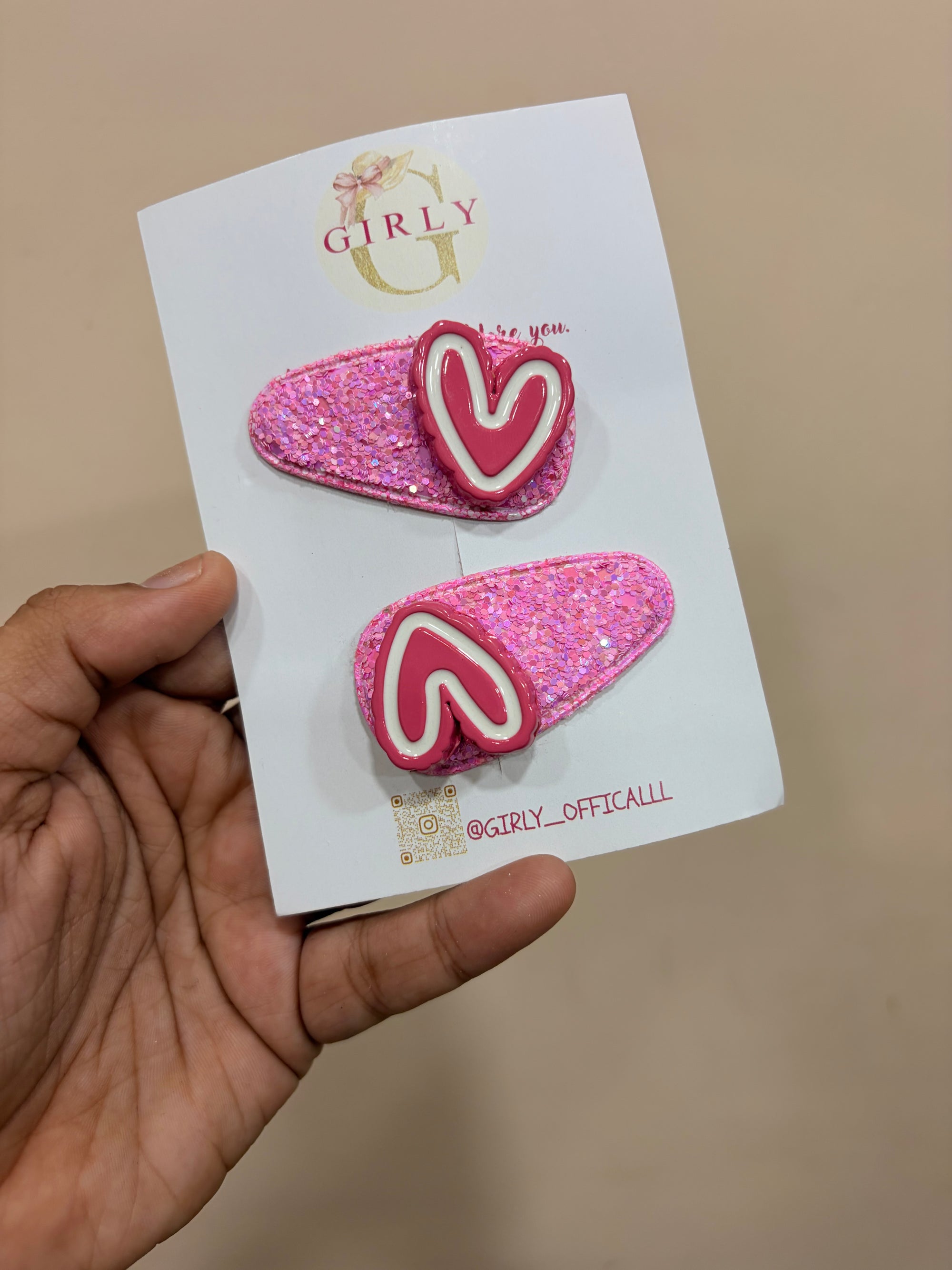 Cute Pink Glitter Baby Hair Clips with Heart Design