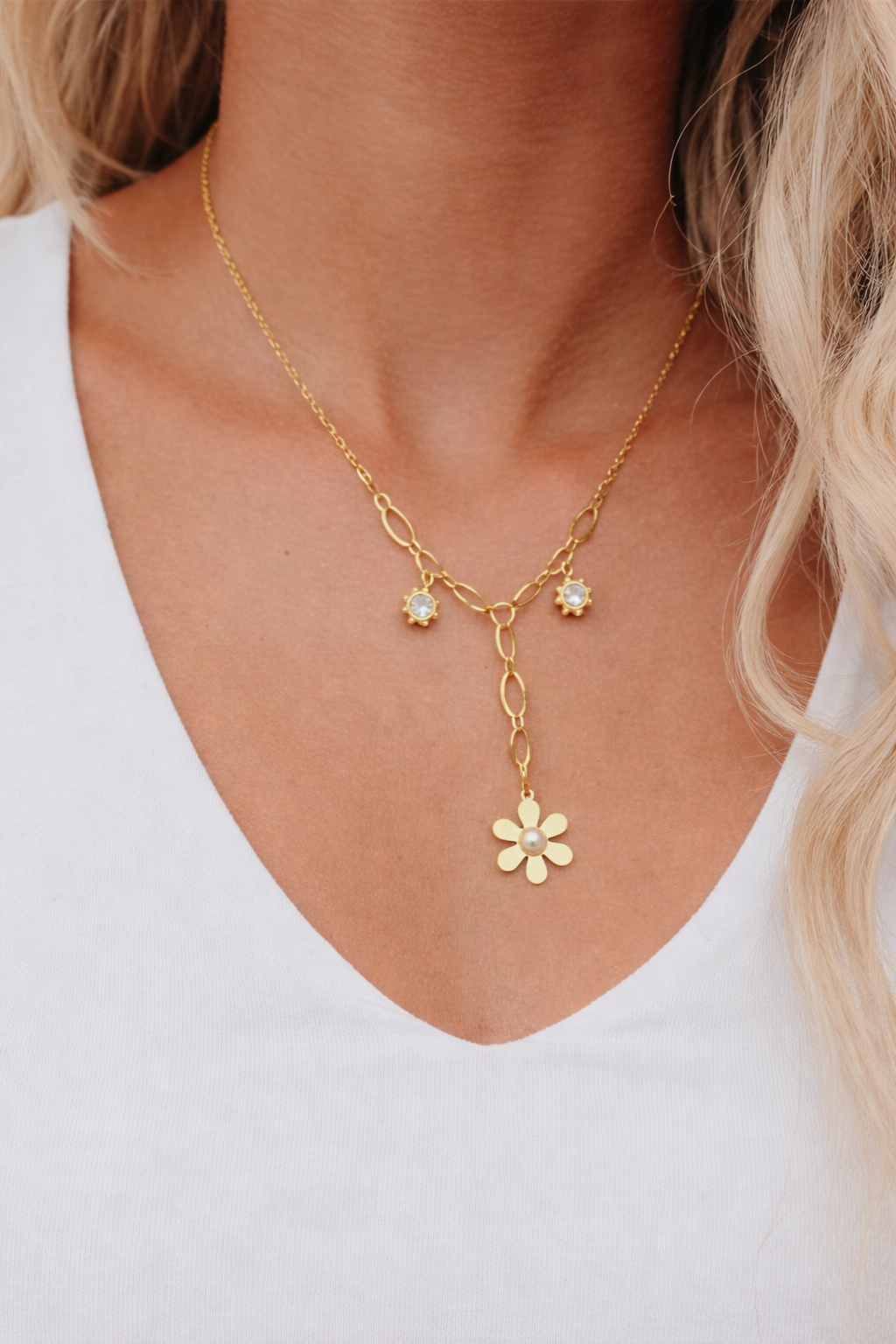 Gold Floral Y-Necklace with Pearl Pendant for Women