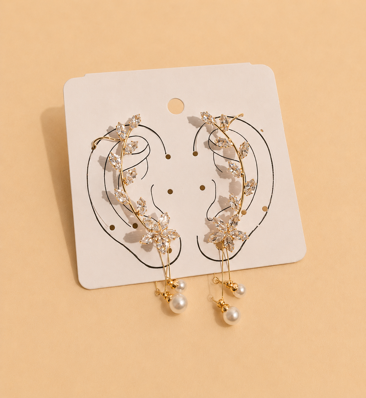 crystal Floral Ear Cuff Earrings with Pearl Drops