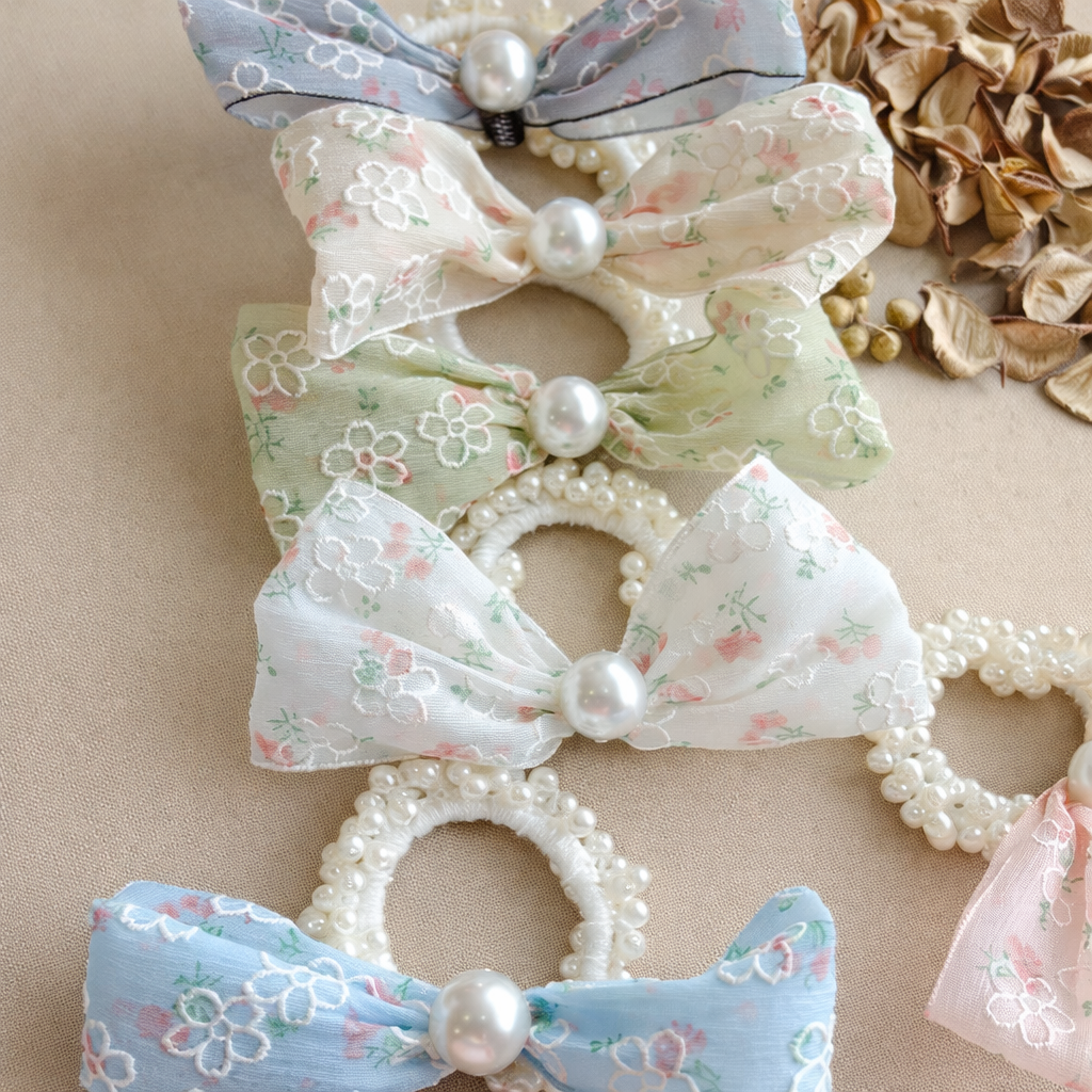 Floral Lace Bow Pearl Hair Tie Scrunchie for Women & Girls