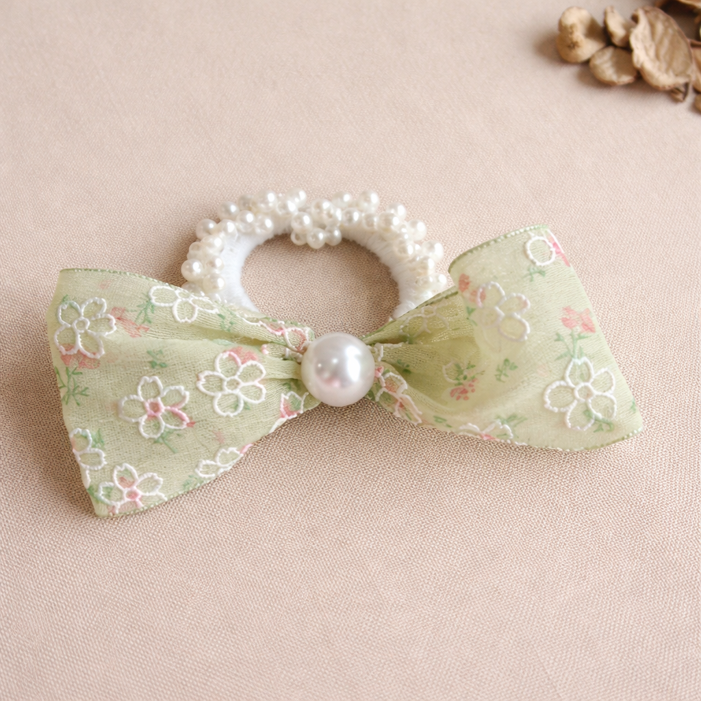 Floral Lace Bow Pearl Hair Tie Scrunchie for Women & Girls