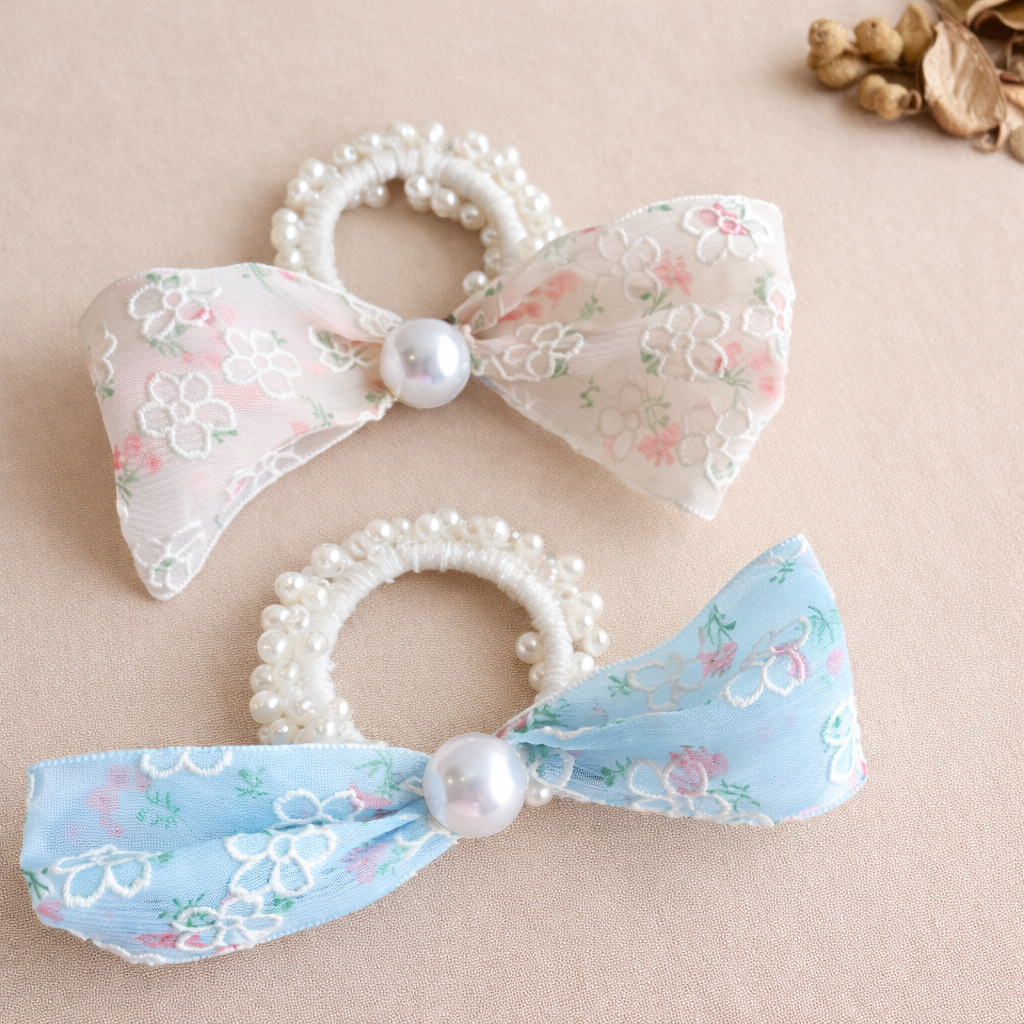 Floral Lace Bow Pearl Hair Tie Scrunchie for Women & Girls