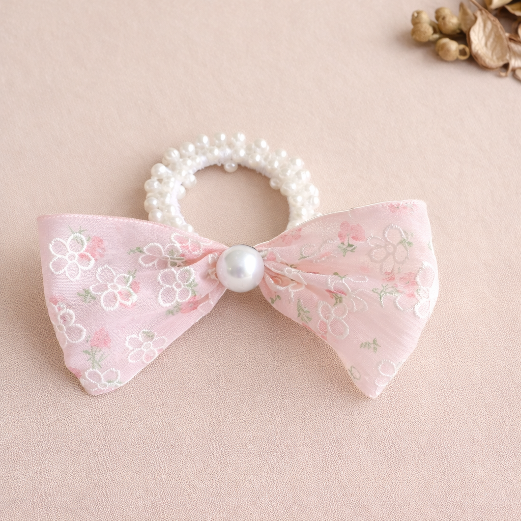 Floral Lace Bow Pearl Hair Tie Scrunchie for Women & Girls