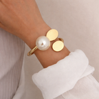 Classic Pearl Modern Gold Oval Plate & Pearl  Adjustable Kada| Minimalist Cuff Bracelet | Chic Statement Jewelry