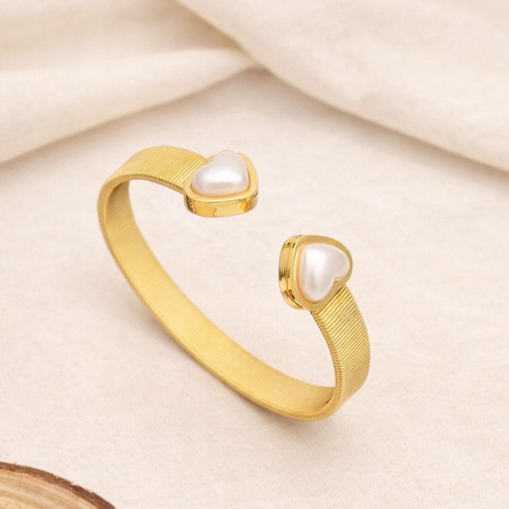 Gold Heart Pearl Open Cuff Bracelet for Women | GIRLY