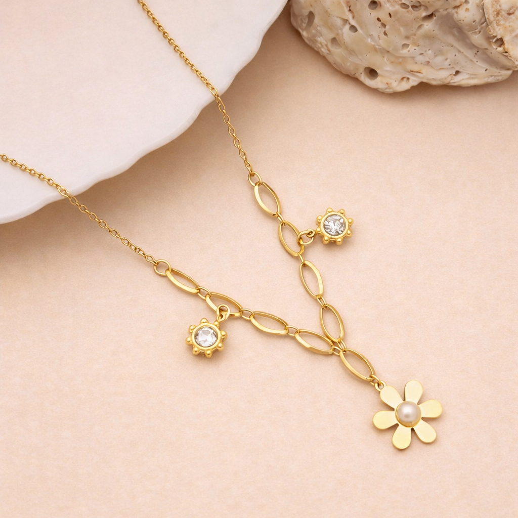 Gold Floral Y-Necklace with Pearl Pendant for Women