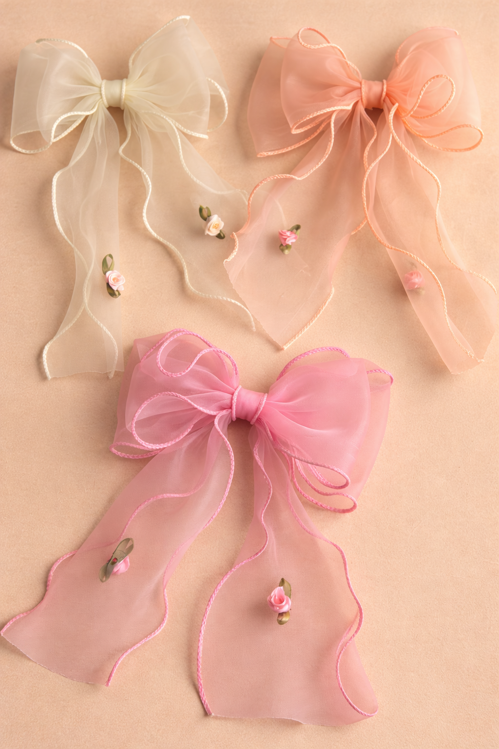 Sheer Organza Long Tail Hair Bows for Girls – Elegant Ribbon Bow Clips with Floral Detail | GIRLY