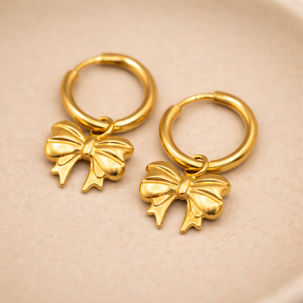 Golden Bow Charm Hoop Earrings - Waterproof And Anti-Tarnish