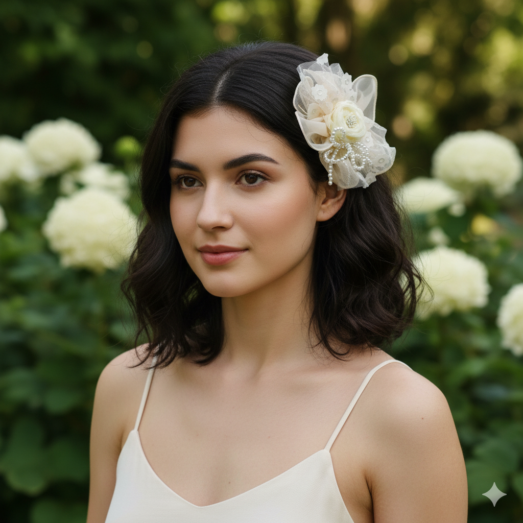 Floral Hair Clip with Pearls & Net Detailing
