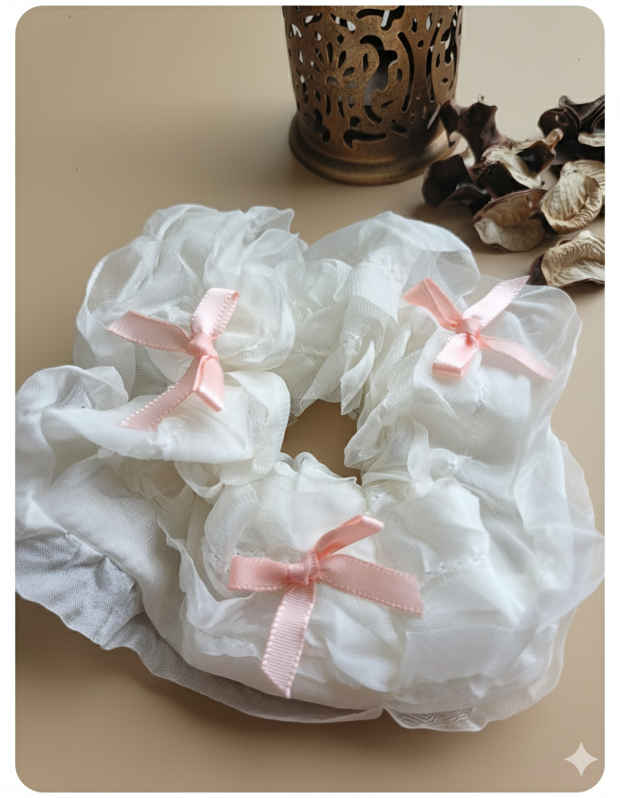 White Organza Scrunchie with Ribbon Bow
