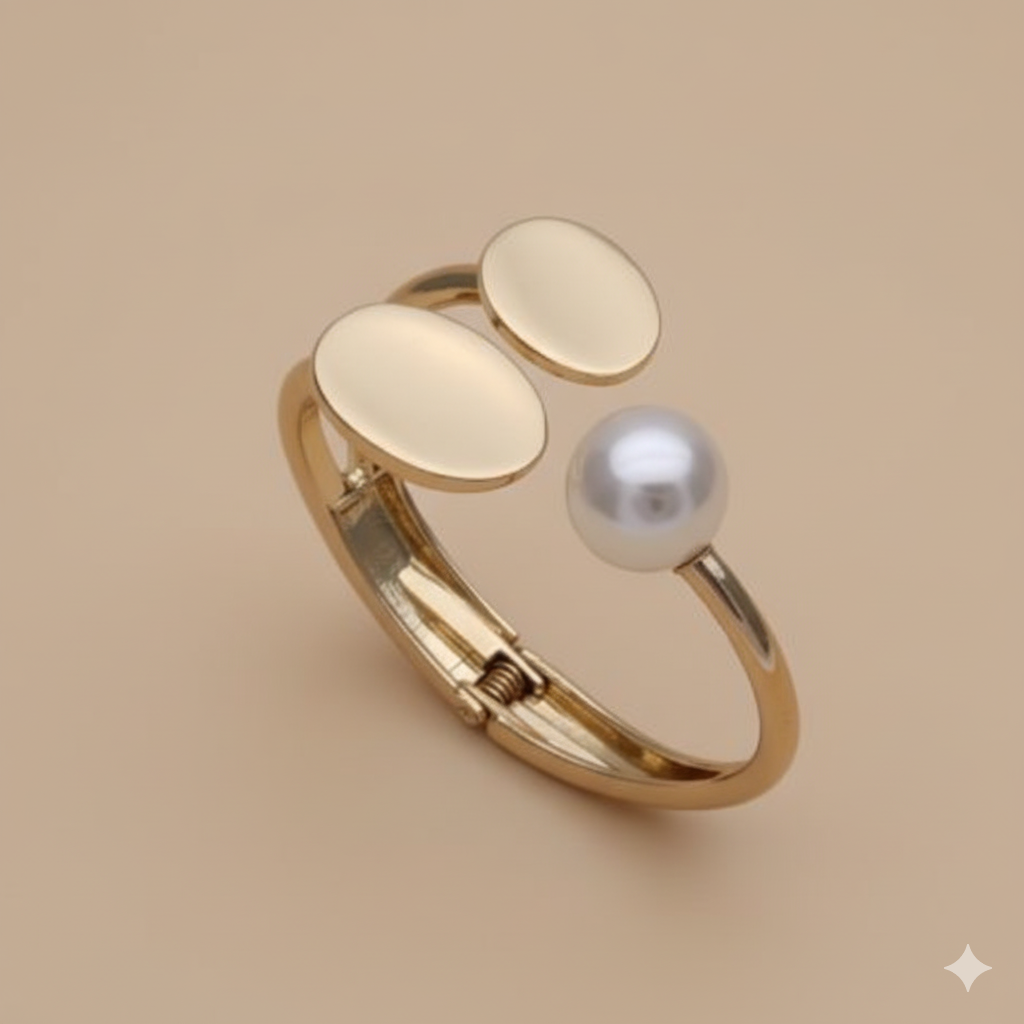 Classic Pearl Modern Gold Oval Plate & Pearl  Adjustable Kada| Minimalist Cuff Bracelet | Chic Statement Jewelry