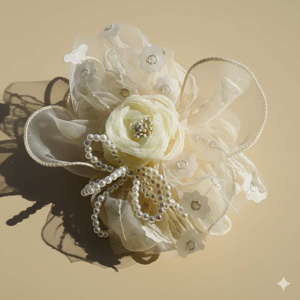 Floral Hair Clip with Pearls & Net Detailing