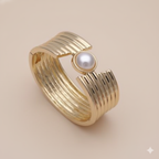 Textured Gold & Pearl Cuff Bracelet | Elegant Ribbed Bangle | Classic Statement Jewelry