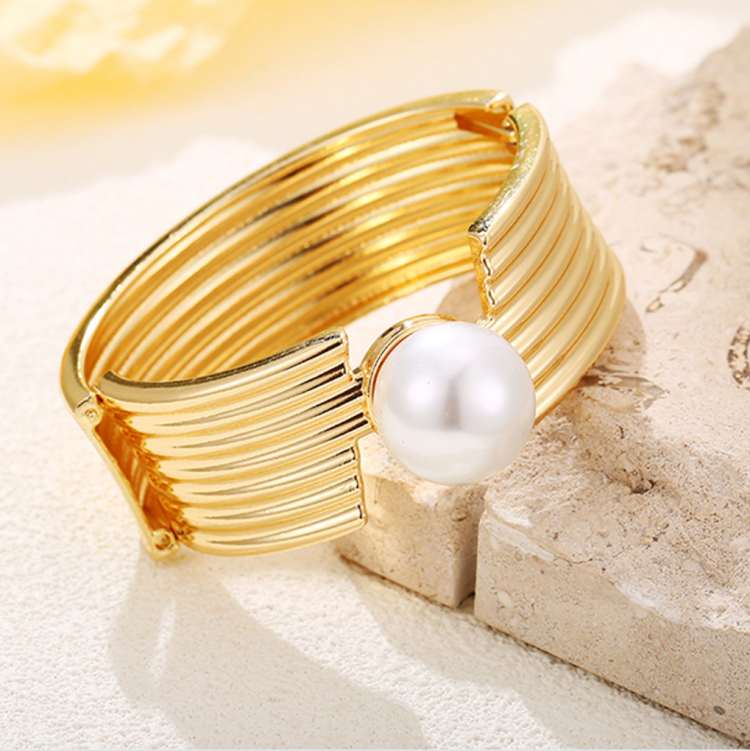 Textured Gold & Pearl Cuff Bracelet | Elegant Ribbed Bangle | Classic Statement Jewelry