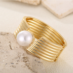Textured Gold & Pearl Cuff Bracelet | Elegant Ribbed Bangle | Classic Statement Jewelry