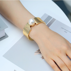 Textured Gold & Pearl Cuff Bracelet | Elegant Ribbed Bangle | Classic Statement Jewelry