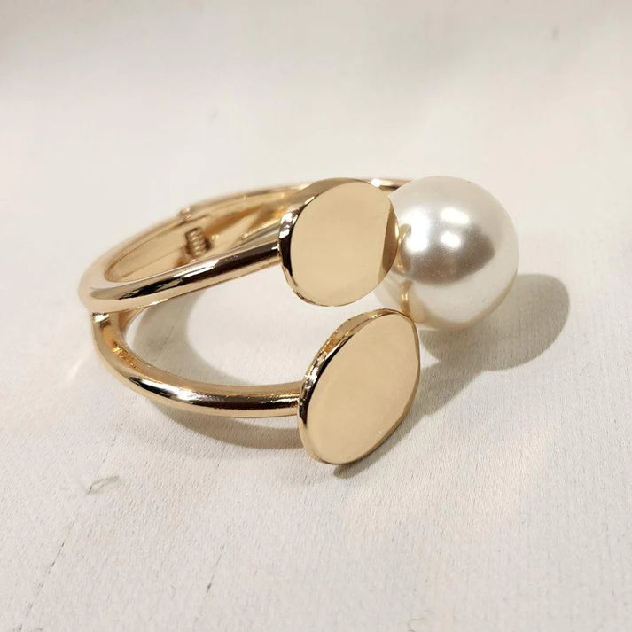Classic Pearl Modern Gold Oval Plate & Pearl  Adjustable Kada| Minimalist Cuff Bracelet | Chic Statement Jewelry