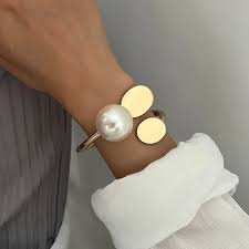 Classic Pearl Modern Gold Oval Plate & Pearl  Adjustable Kada| Minimalist Cuff Bracelet | Chic Statement Jewelry