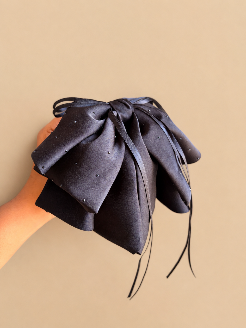 Black Crystal Embellished Satin Bow Hair Clip – Oversized Statement Hair Accessory